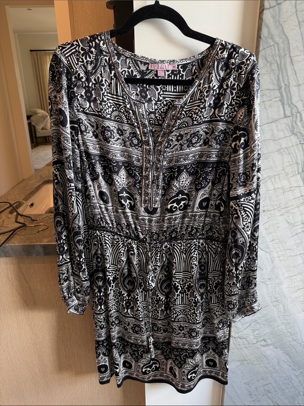 Calypso St. Barth Black and White Printed Long Sleeve Dress